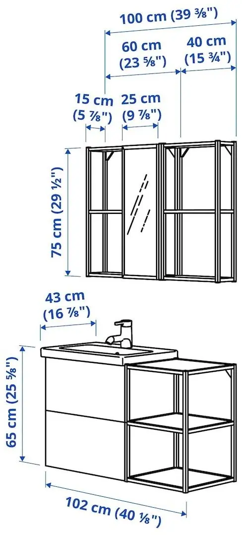 Set de mobila Ikea Enhet/Tvallen/Ensen cu sertare/oglinda 102x43x65 (Alb/Aspect Stejar)