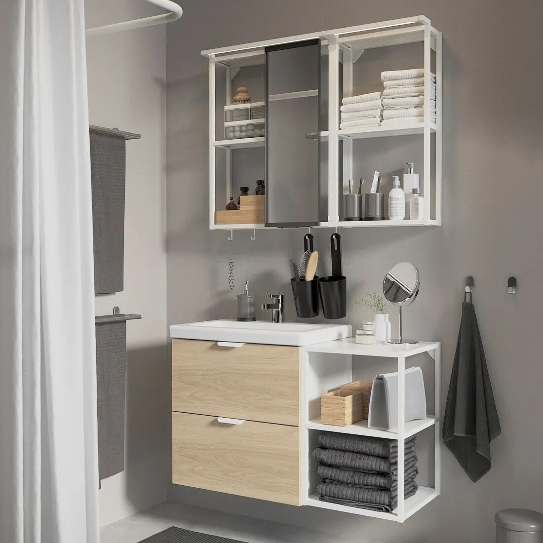 Set de mobila Ikea Enhet/Tvallen/Ensen cu sertare/oglinda 102x43x65 (Alb/Aspect Stejar)