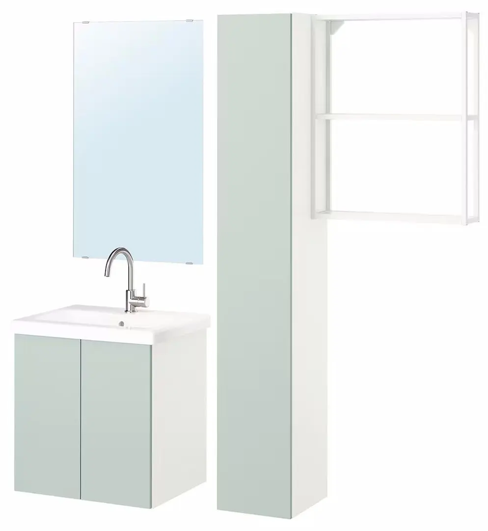 Set de mobila Ikea Enhet/Tvallen/Glypen cu usi/oglinda dreptunghiulara 64x43x65 (Alb/Gri-Verde Deschis) - 2