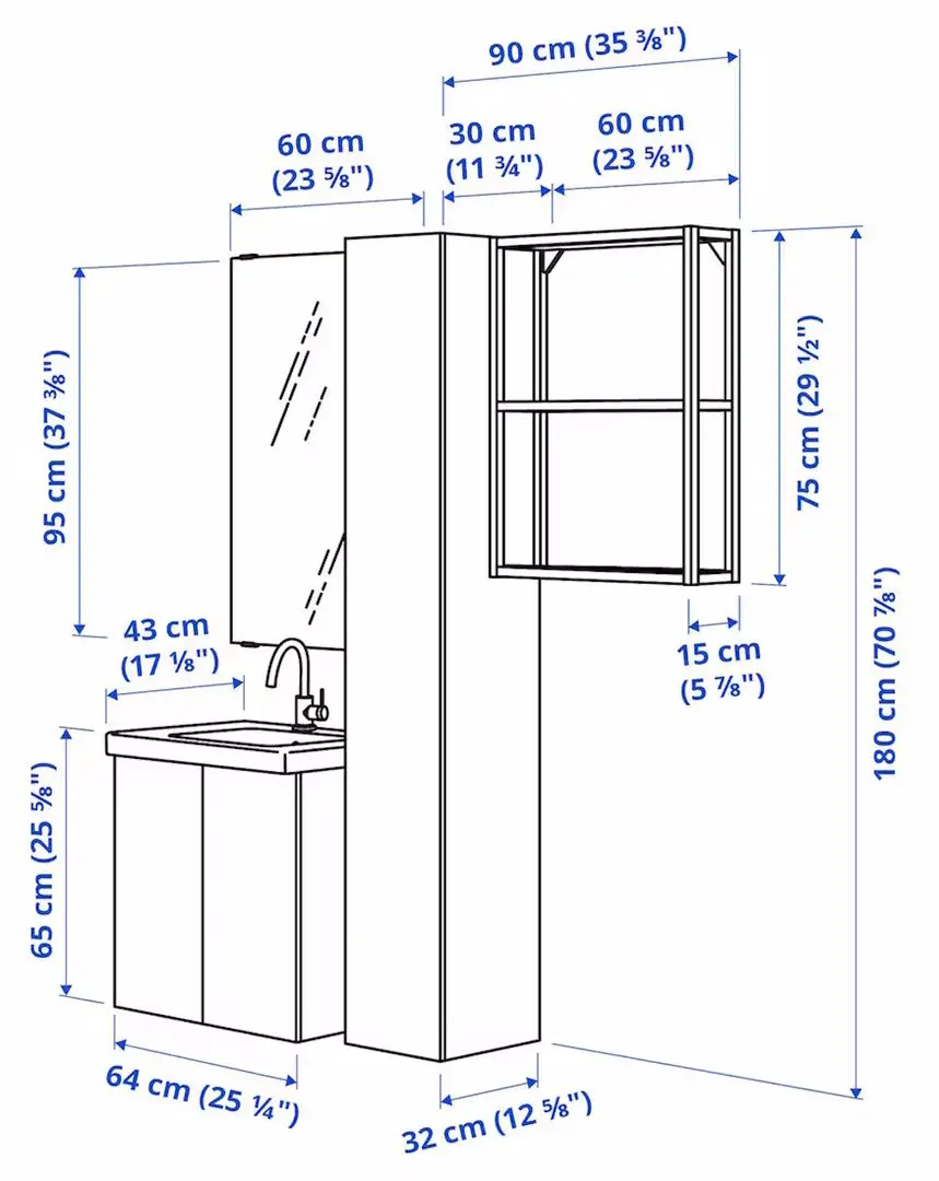 Set de mobila Ikea Enhet/Tvallen/Glypen cu usi/oglinda dreptunghiulara 64x43x65 (Alb/Gri-Verde Deschis) - 8