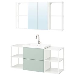Set de mobila Ikea Enhet/Tvallen/Glypen cu sertare 140x43x65 (Alb/Gri-Verde Deschis) Thumb