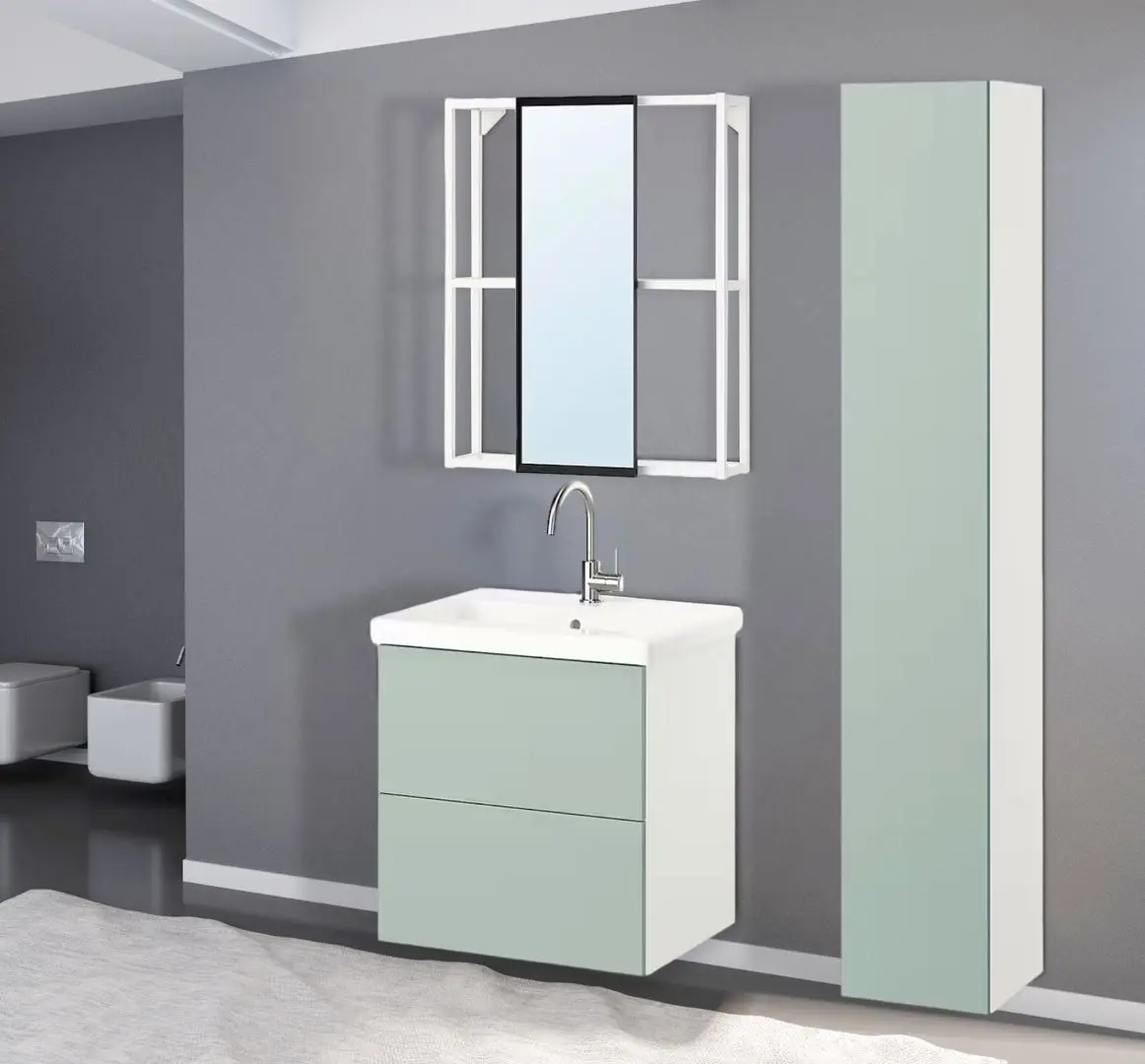 Set de mobila Ikea Enhet/Tvallen/Glypen cu sertare 64x43x65 (Alb/Gri-Verde Deschis)