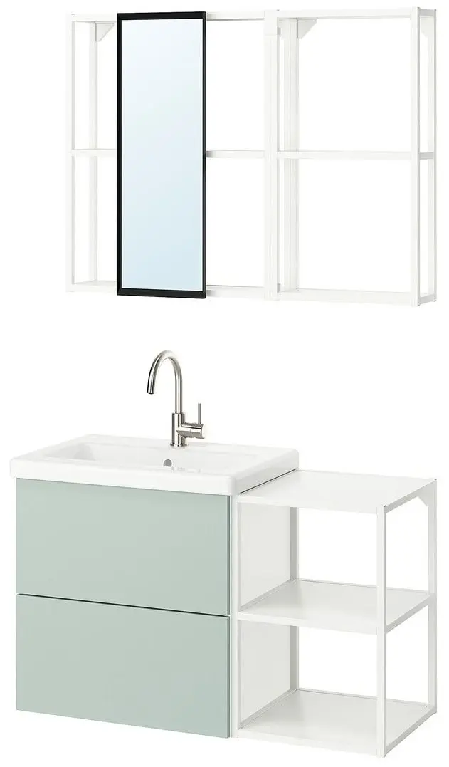 Set de mobila Ikea Enhet/Tvallen/Glypen cu sertare/oglinda 102x43x65 (Alb/Gri-Verde Deschis) - 3