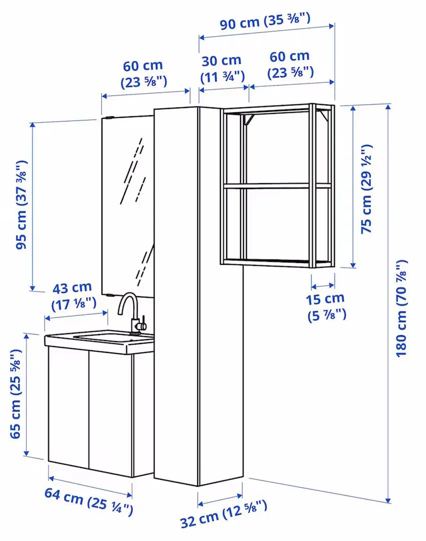 Set de mobila Ikea Enhet/Tvallen/Pilkan cu usi/oglinda dreptunghiulara 64x43x65 (Alb)