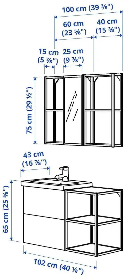 Set de mobila Ikea Enhet/Tvallen/Pilkan cu sertare/oglinda 102x43x65 (Alb)