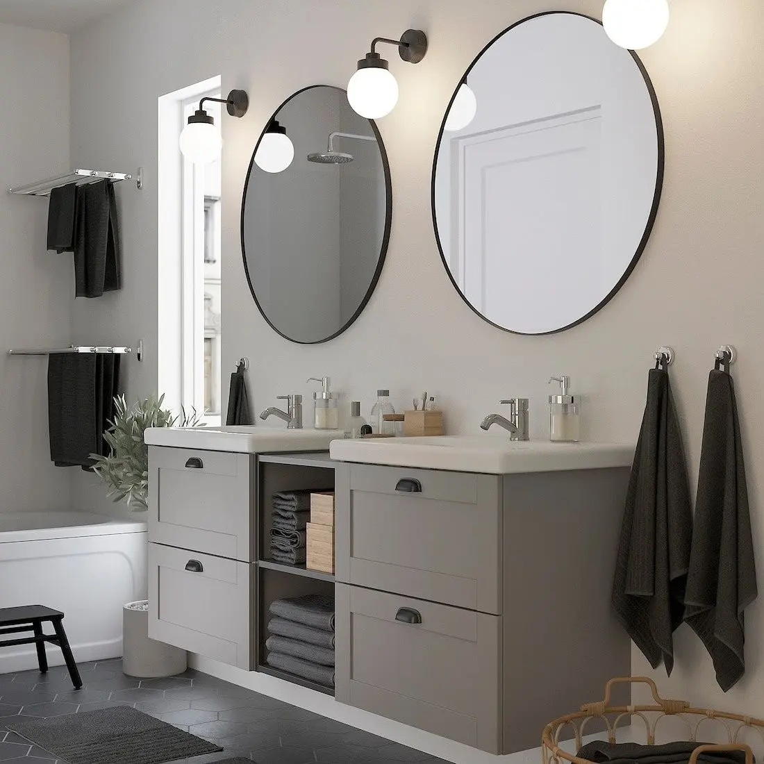 Set de mobila Ikea Enhet/Tvallen/Pilkan cu sertare/oglinda/cadru 164x43x54 (Antracit/Gri)