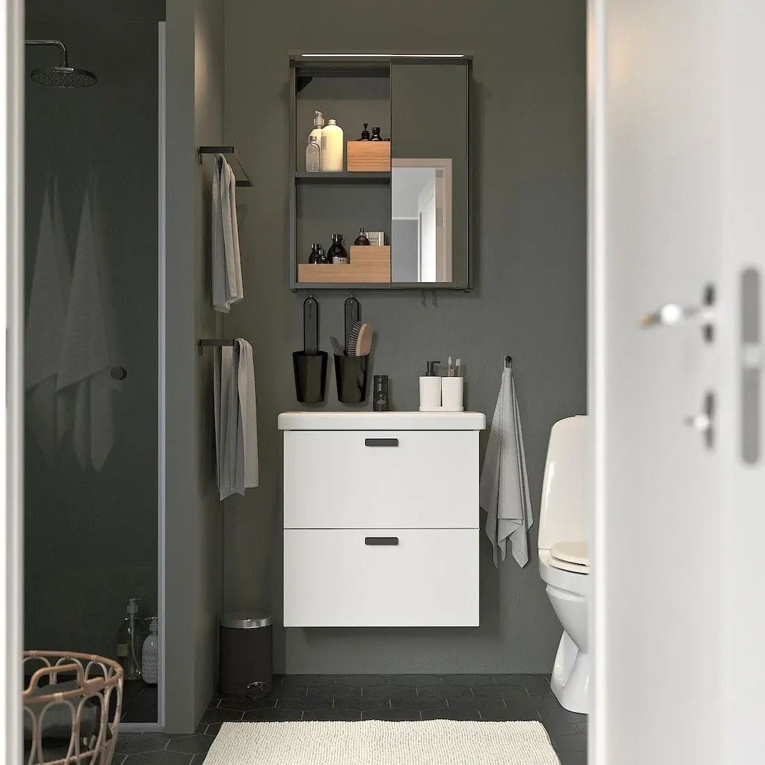 Set de mobila Ikea Enhet/Tvallen/Saljen cu sertare/oglinda 64x43x65 (Antracit/Alb)