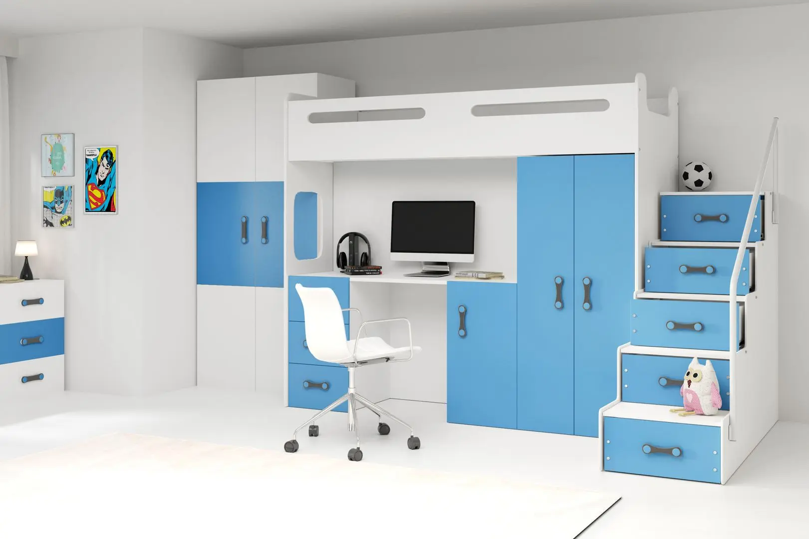 Mobila pentru copii BMS Group Max 4 cu saltea 80x200 (Blue/White)