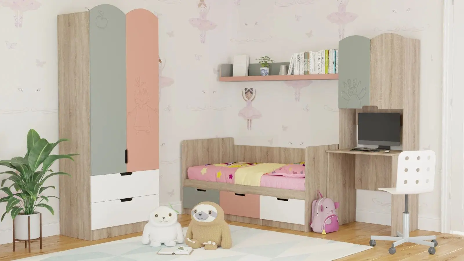 Детская Smart Маша и Медведь Magic (Sonoma Oak/White/Pink)