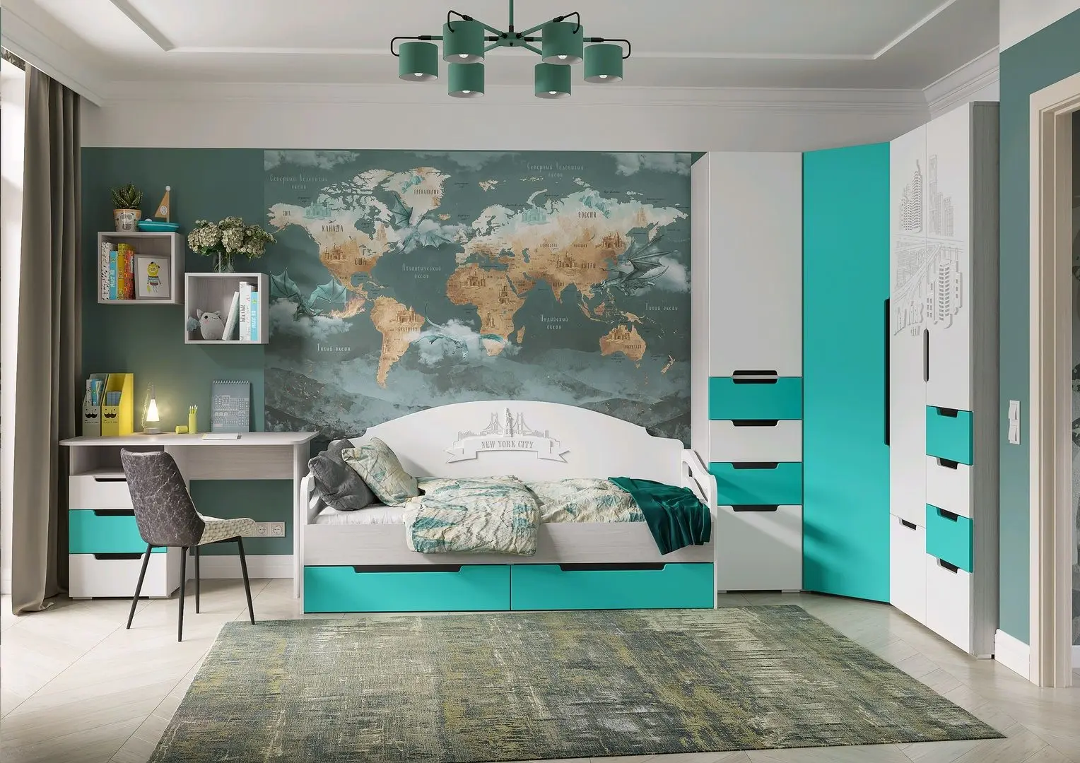 Mobila pentru copii Стендмебель Mia 2 (Oak Anchor Light/Turquoise Metallic/White Metallic)