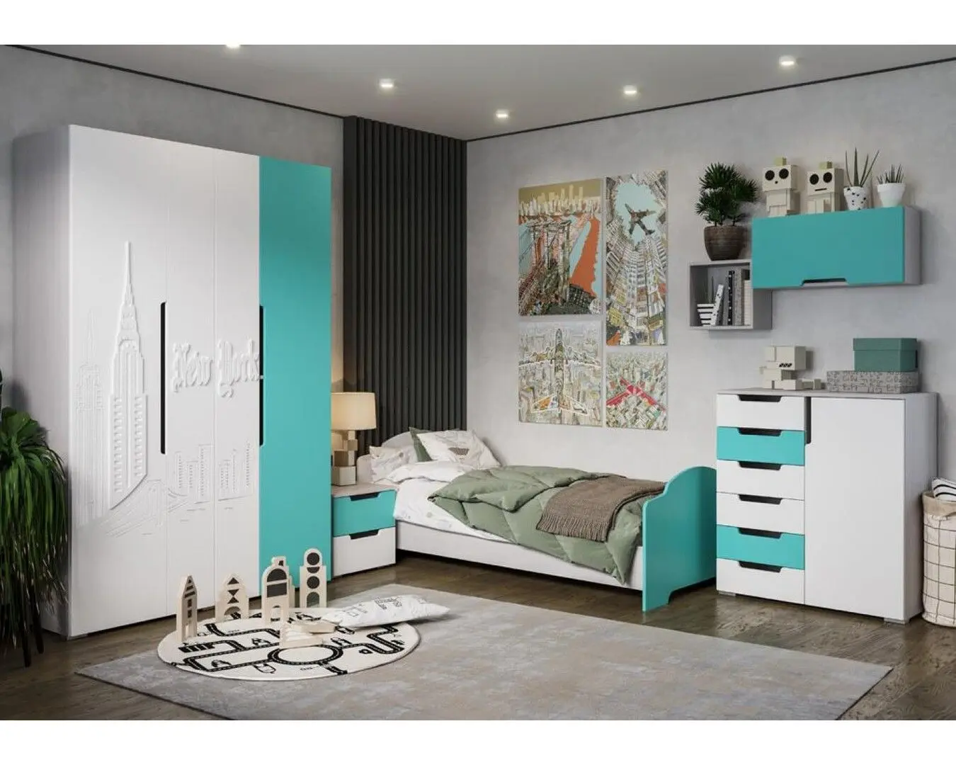 Детская Стендмебель Миа 3 (Дуб Анкор Светлый/Бирюза Металлик/Белый Металлик)