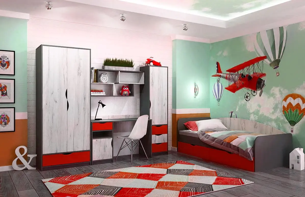 Living pentru copii Yasen Disney 2.45m (Graphite Gray/Craft Oak White/Papaver)