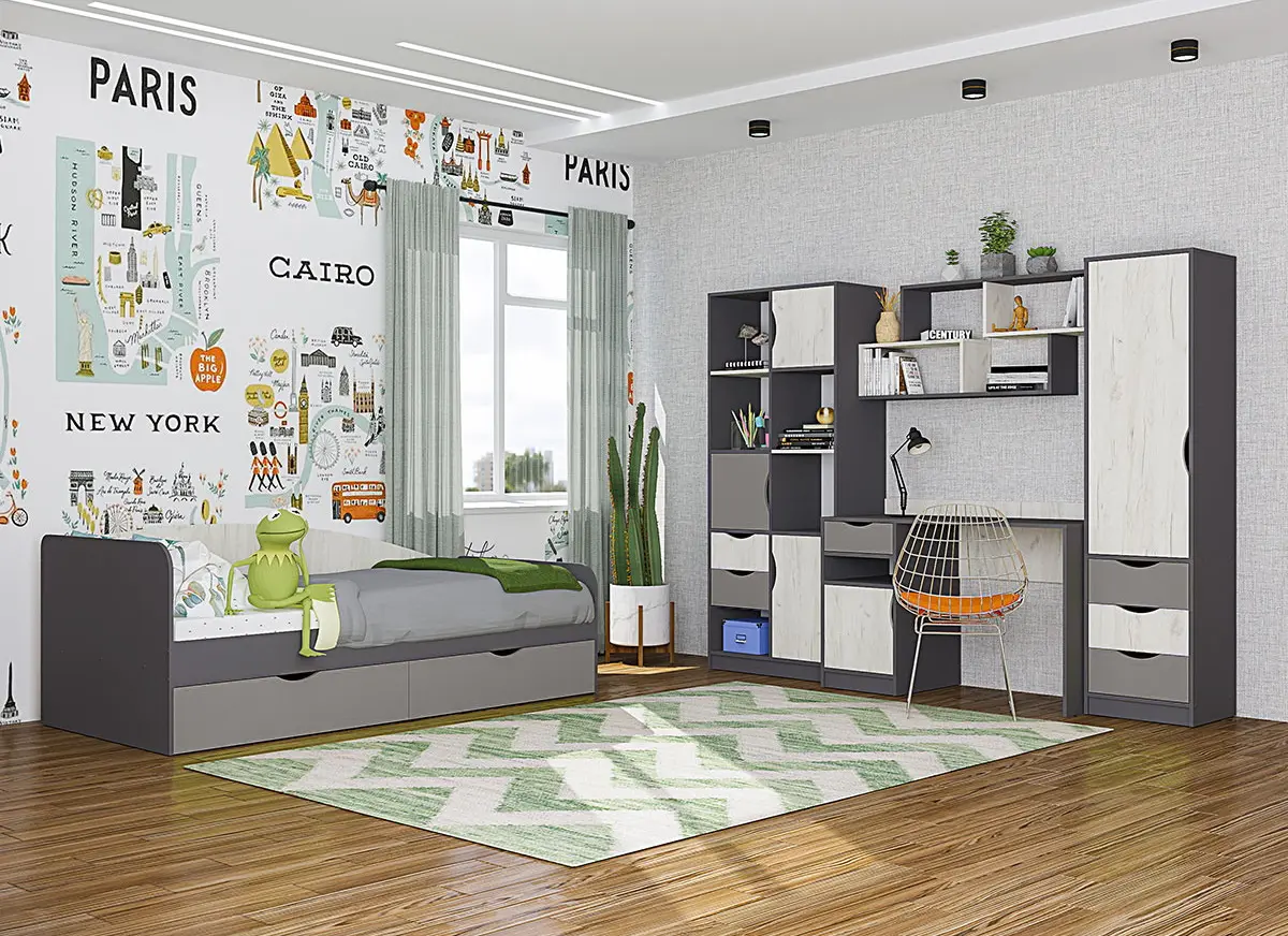 Детская Yasen Дисней книжный шкаф 3Д2Я/полка/письменный стол/кровать 90/пенал (Серый Графит/Дуб Крафт Белый/Kашемир)