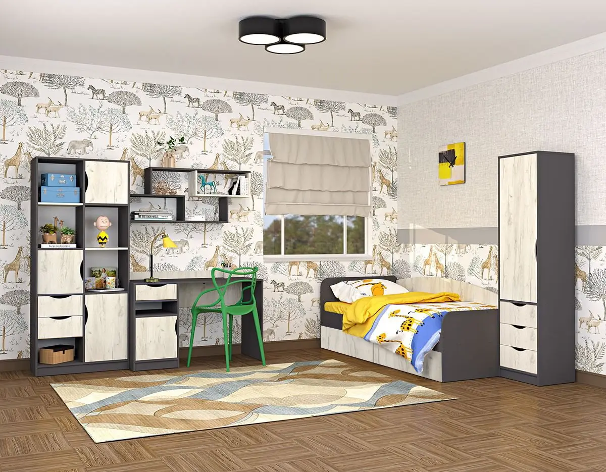 Mobila pentru copii Yasen Disney biblioteca 3D2S/raft/masa de birou/pat 90/penal (Graphite Gray/Craft Oak White)