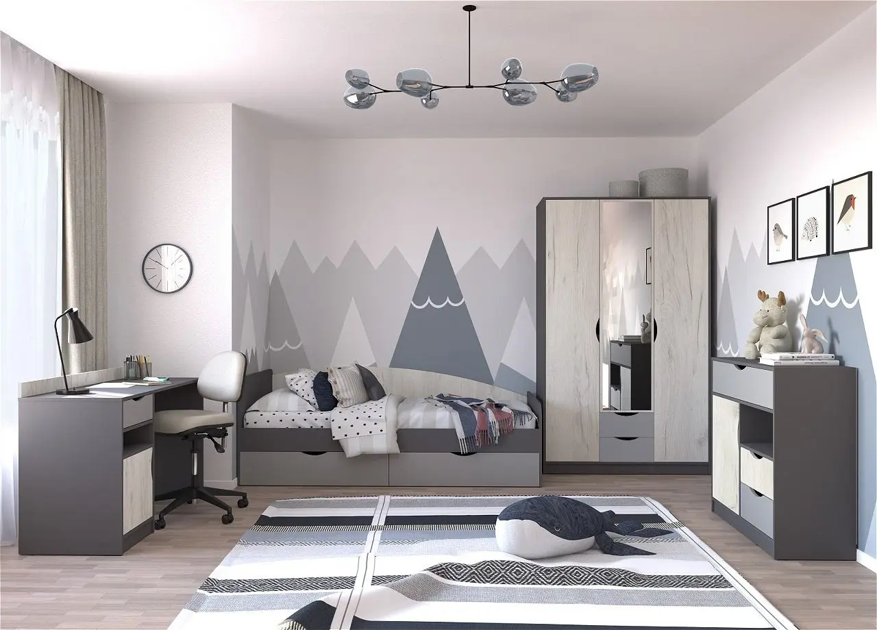 Детская Yasen Дисней Шкаф 3Д2Я1З/письменный стол/кровать/комод 90 (Серый Графит/Дуб Крафт Белый/Kашемир)