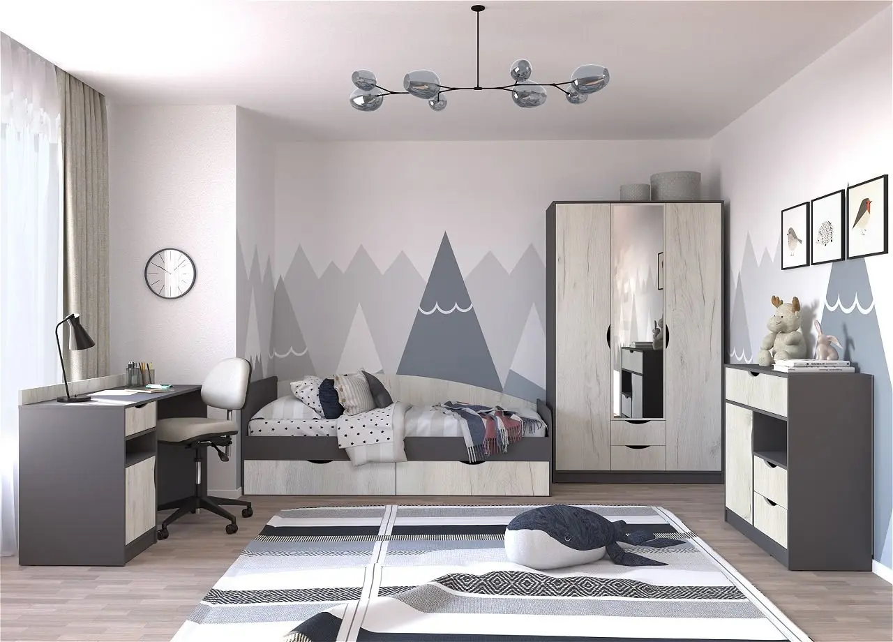 Mobila pentru copii Yasen Disney Dulap 3D2S1O/masa de birou/pat/comoda 90 (Graphite Gray/Craft Oak White)