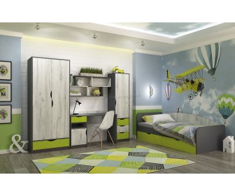 Mobila pentru copii Yasen Disney 2.45х2.04m (Graphite Gray/Craft Oak White/Lime)