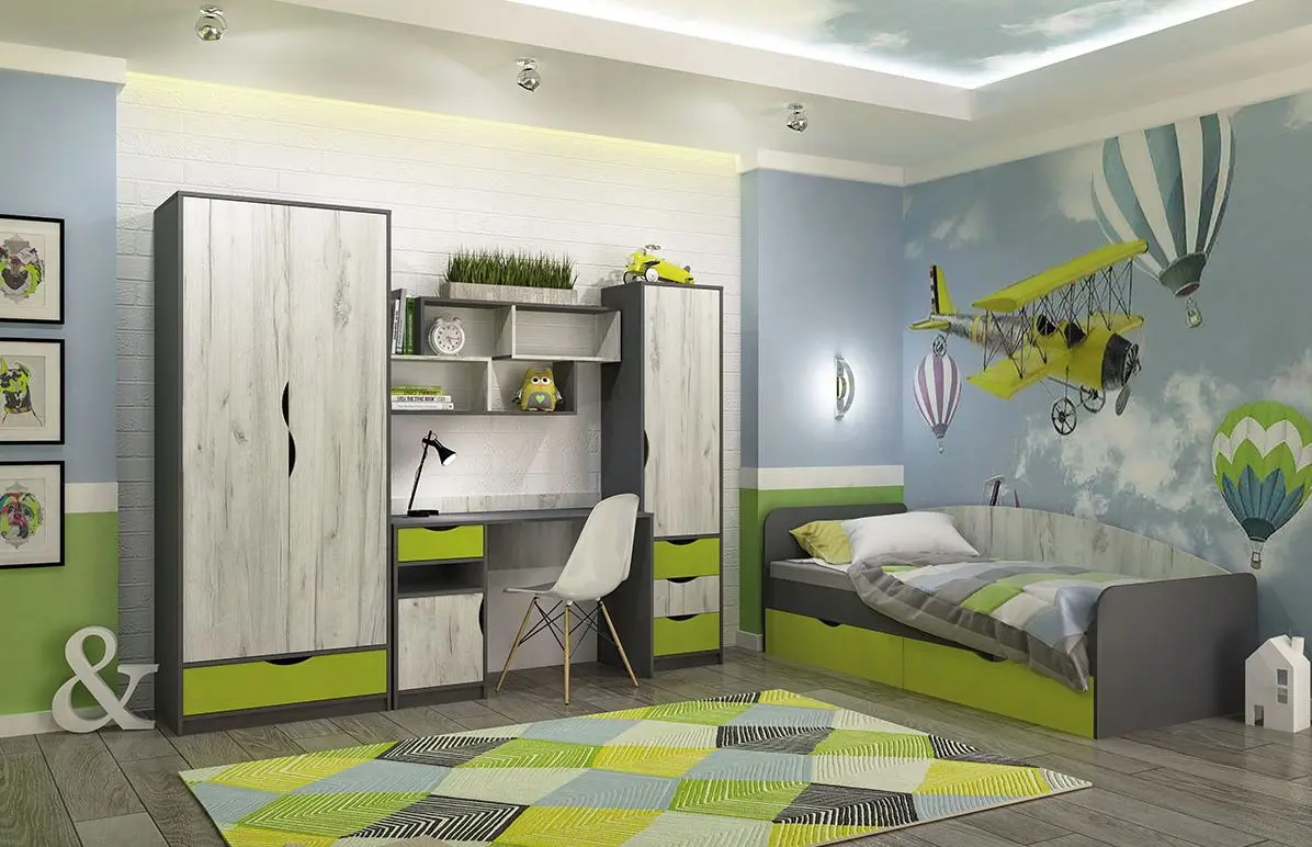 Mobila pentru copii Yasen Disney 2.45х2.04m (Graphite Gray/Craft Oak White/Lime)