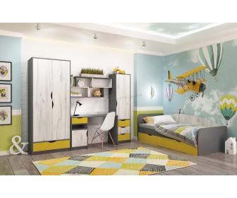 Mobila pentru copii Yasen Disney 2.45х2.04m (Graphite Gray/Craft Oak White/Sun Shine)