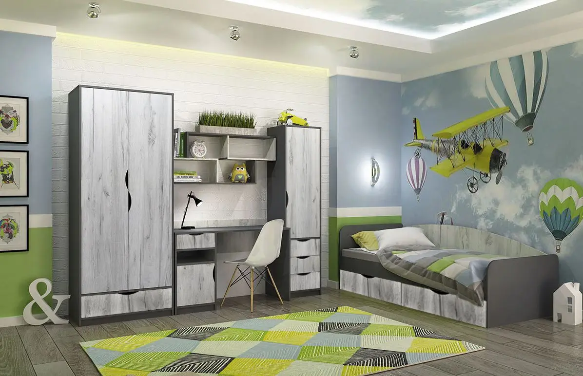 Mobila pentru copii Yasen Disney 2.45х2.04m (Graphite Gray/Craft Oak White)