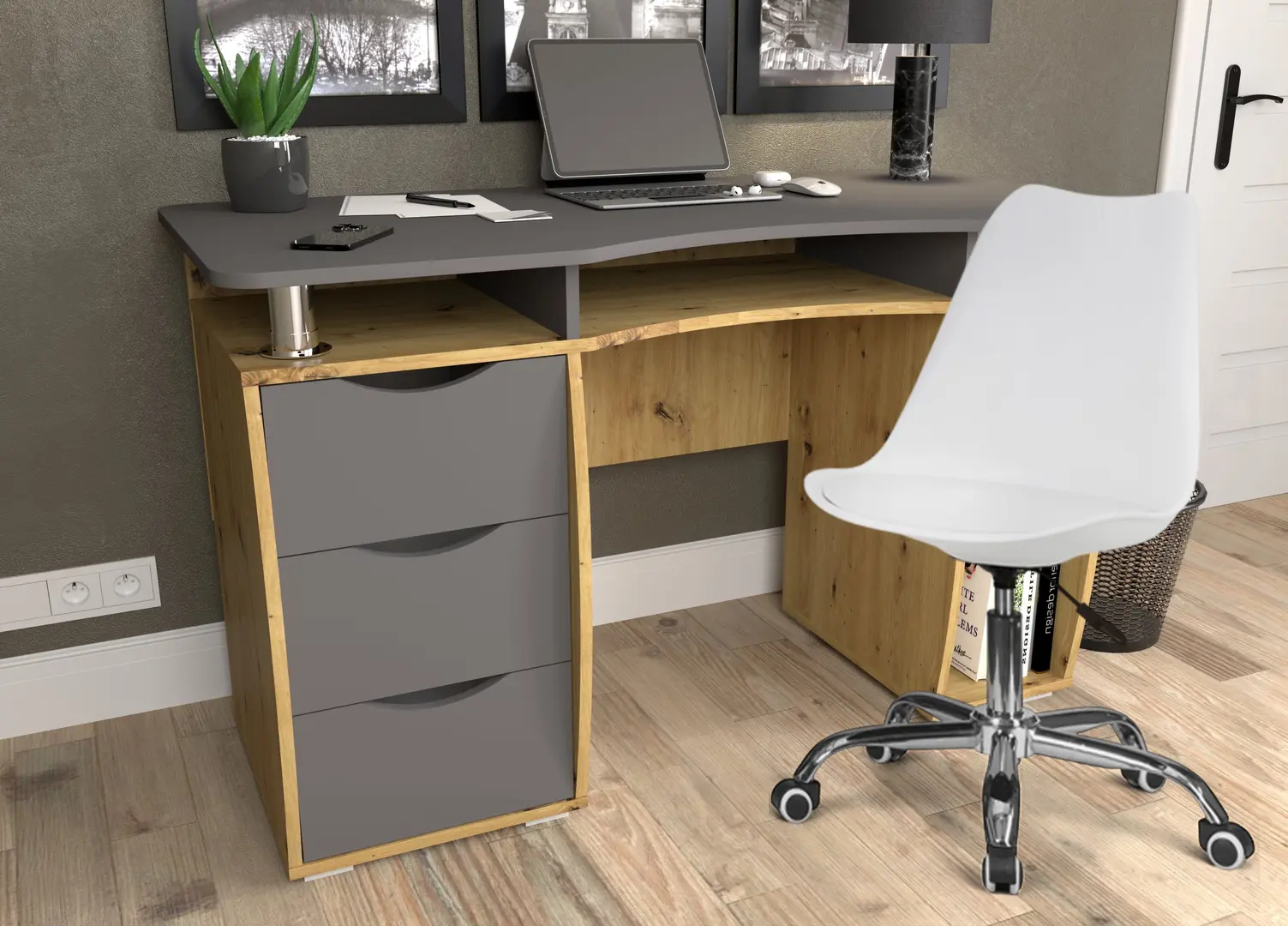 Комплект офисной мебели Yasen Smart New Artisan Oak/Graphite Grey + Sunrise C-30 PP White/Chrome