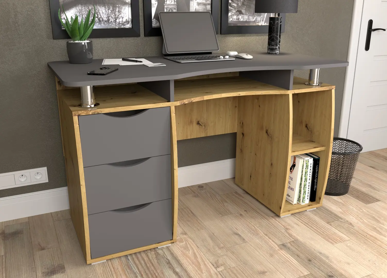 Комплект офисной мебели Yasen Smart New Artisan Oak/Graphite Grey + Sunrise C-30A PP Black - 3