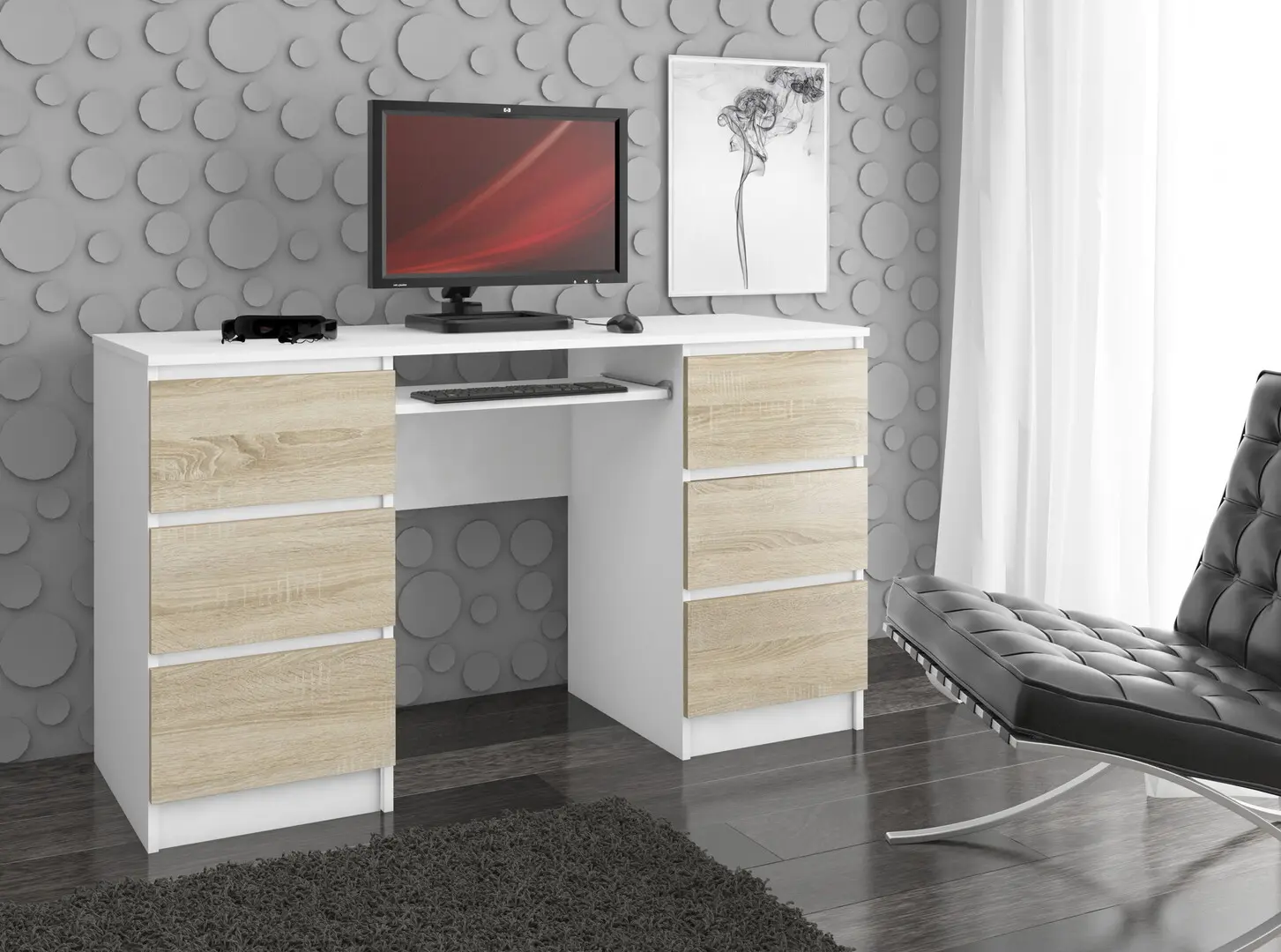 Masa pentru calculator Akord A-11 135cm 6SZ (White/Sonoma Oak)