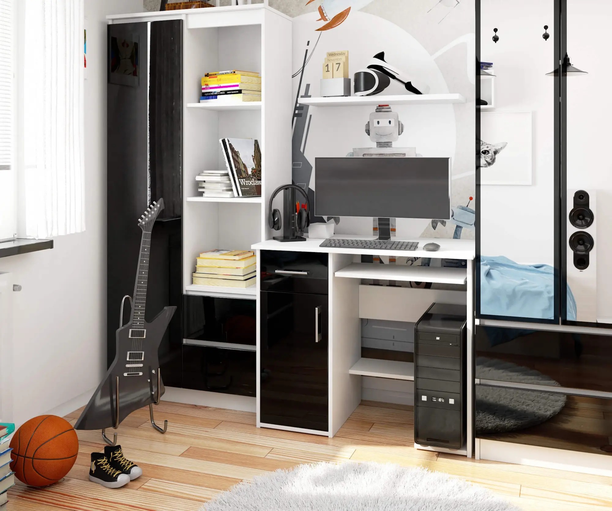 Masa pentru calculator Akord Jay 90cm (White/Black Gloss)