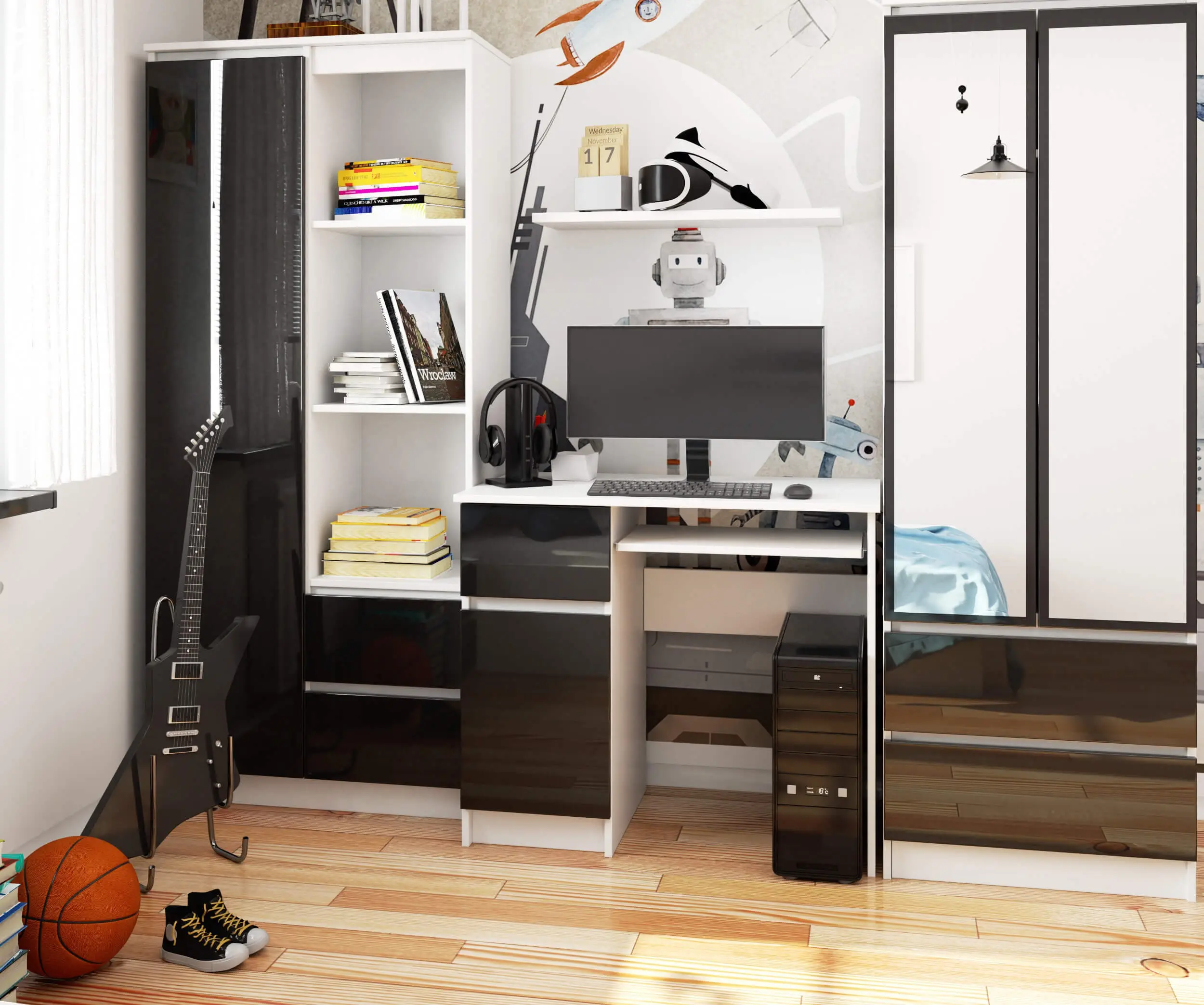 Стол компьютерный Akord Piksel 90см Left (White/Black Gloss)