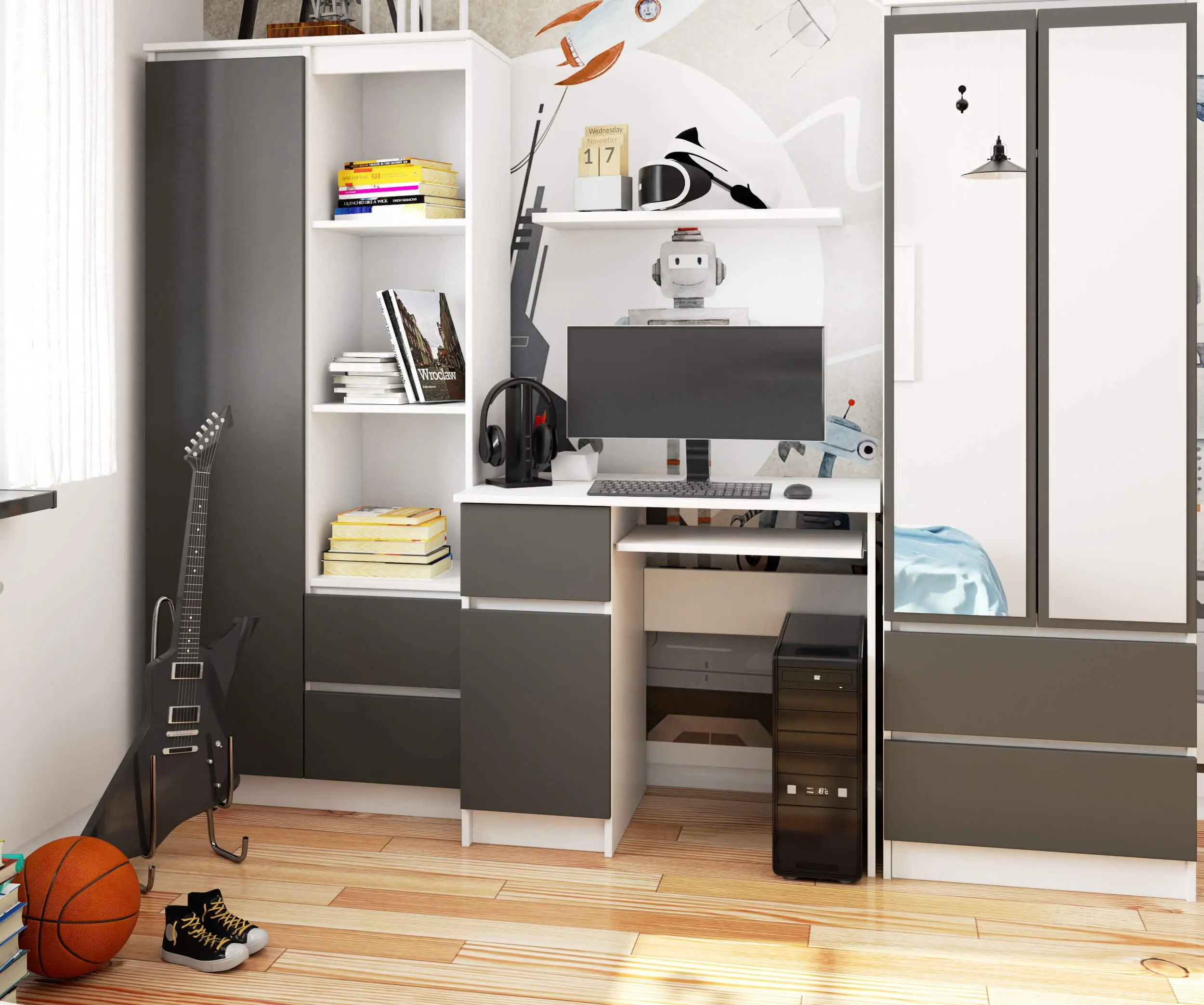 Masa pentru calculator Akord Piksel 90cm Left (White/Graphite Grey)