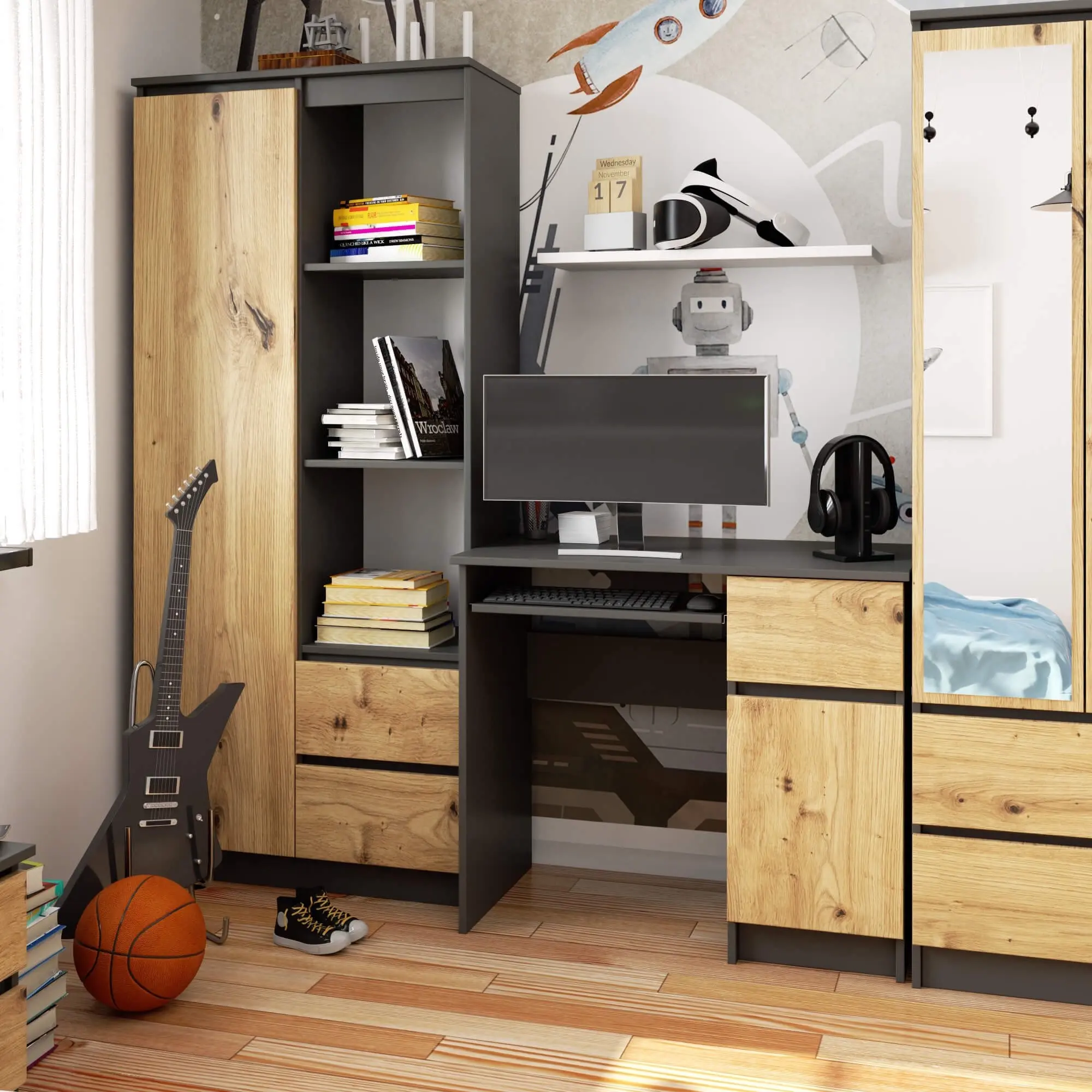 Masa pentru calculator Akord Piksel 90cm Right (Graphite Grey/Artisan Oak)