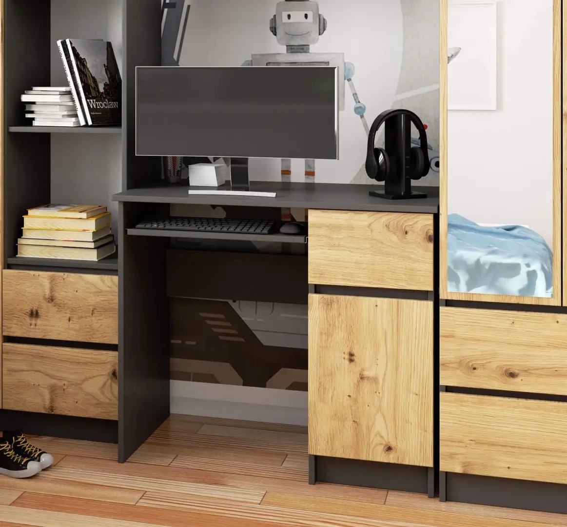 Masa pentru calculator Akord Piksel 90cm Right (Graphite Grey/Artisan Oak)