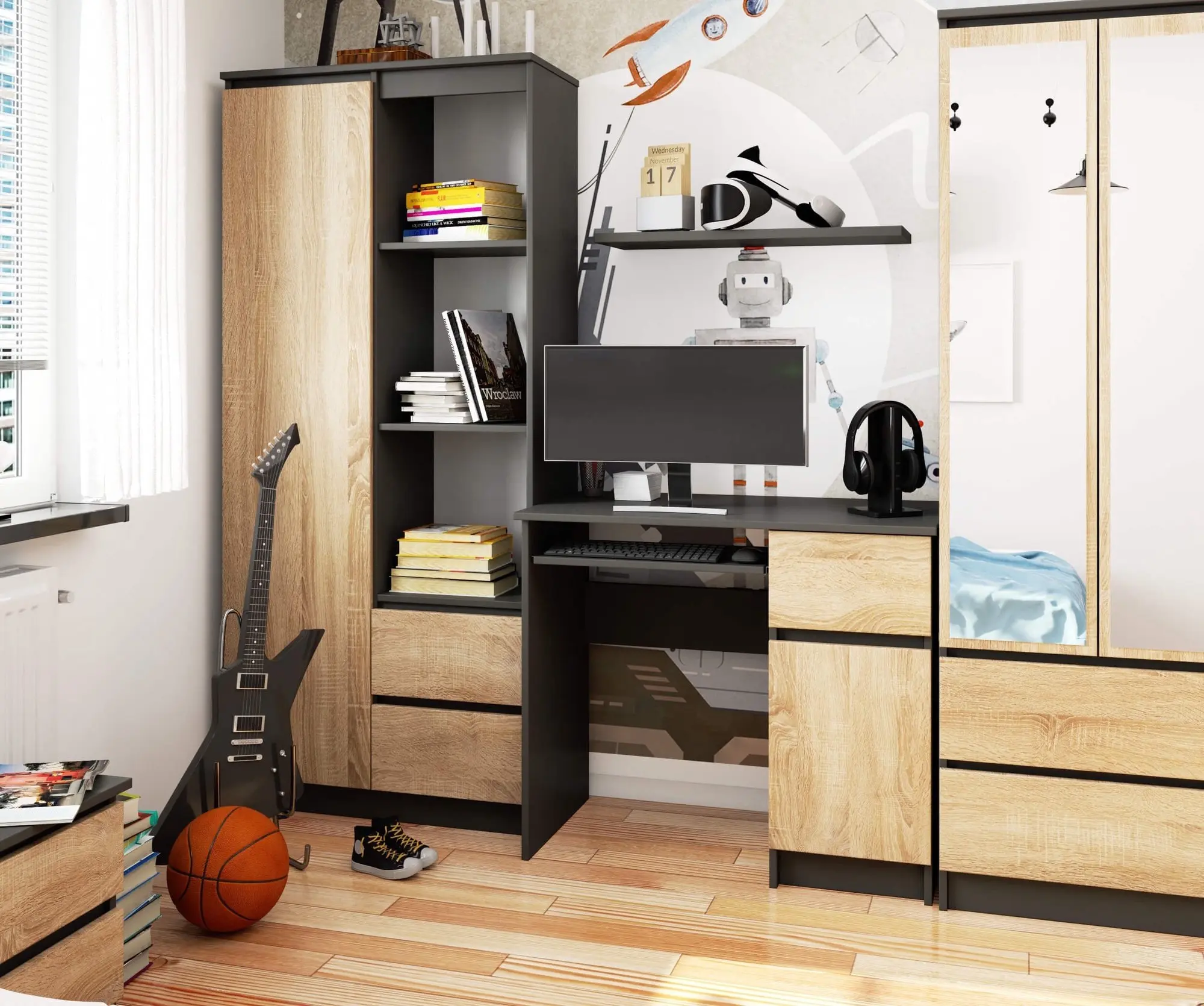 Masa pentru calculator Akord Piksel 90cm Right (Graphite Grey/Sonoma Oak)