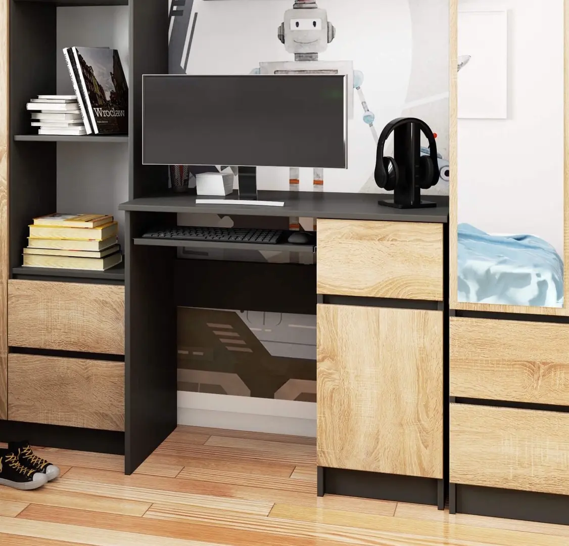 Masa pentru calculator Akord Piksel 90cm Right (Graphite Grey/Sonoma Oak)