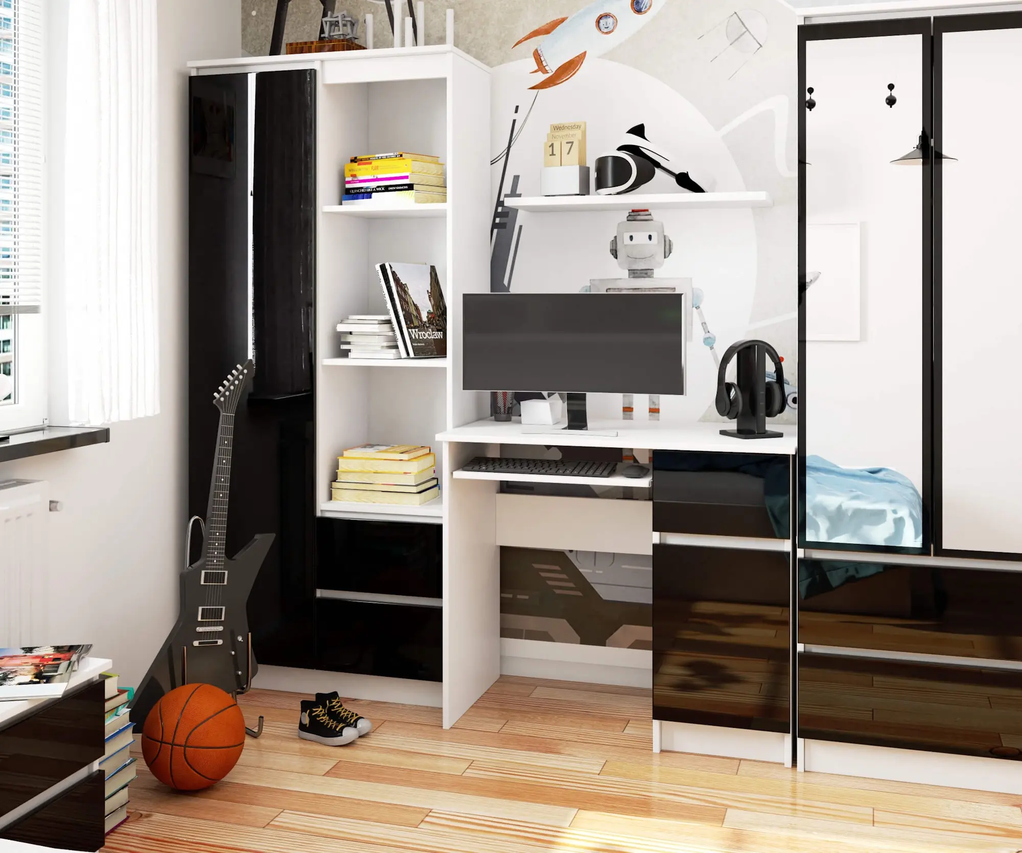 Masa pentru calculator Akord Piksel 90cm Right (White/Black Gloss)