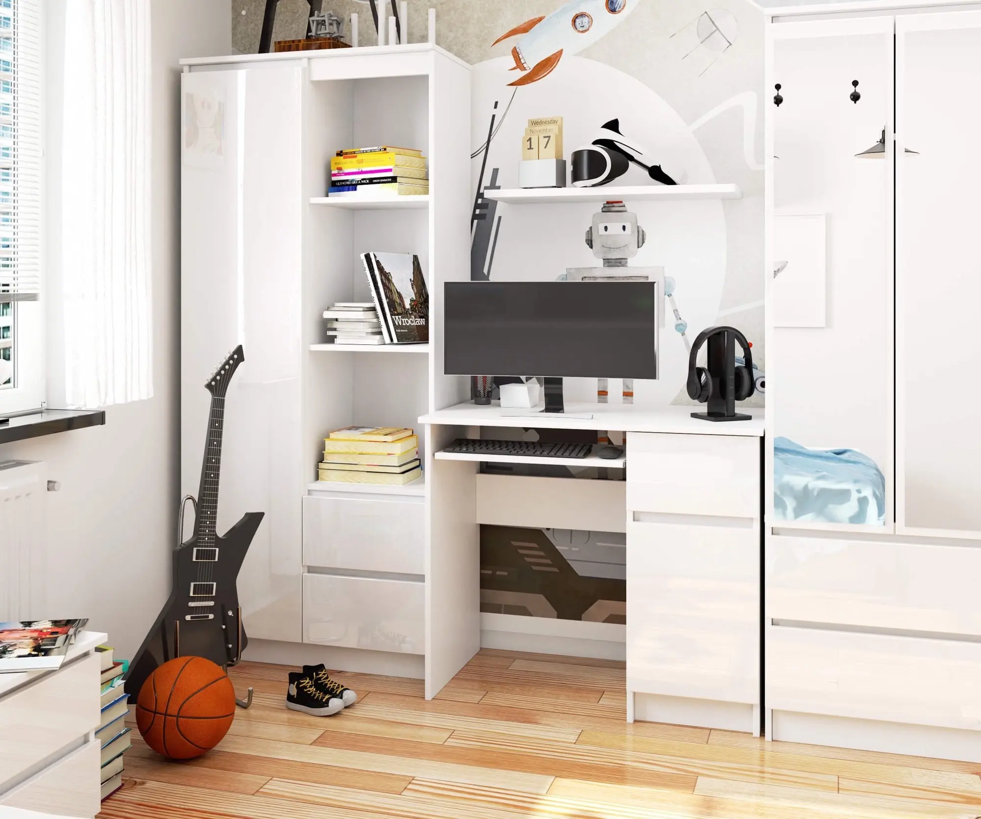 Стол компьютерный Akord Piksel 90см Right (White/Glossy White)