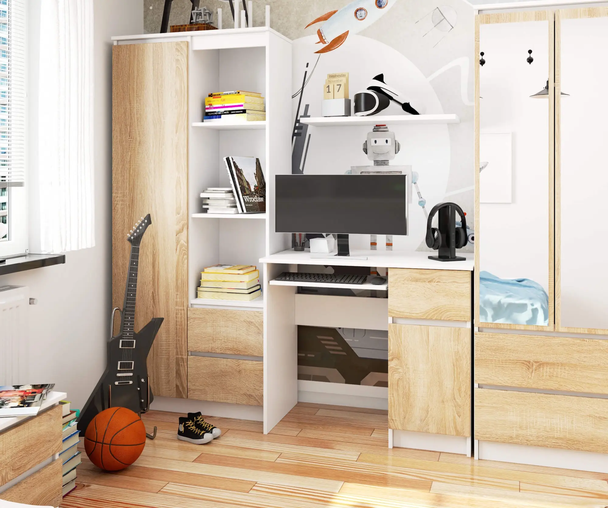 Masa pentru calculator Akord Piksel 90cm Right (White/Sonoma Oak)