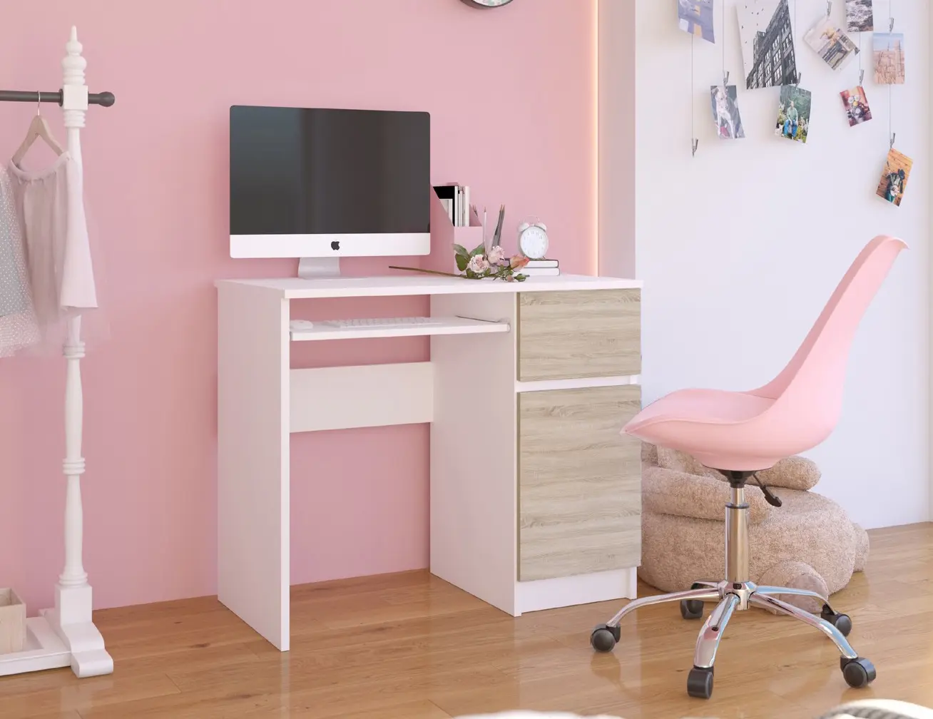 Masa pentru calculator Akord Piksel 90cm Right (White/Sonoma Oak)