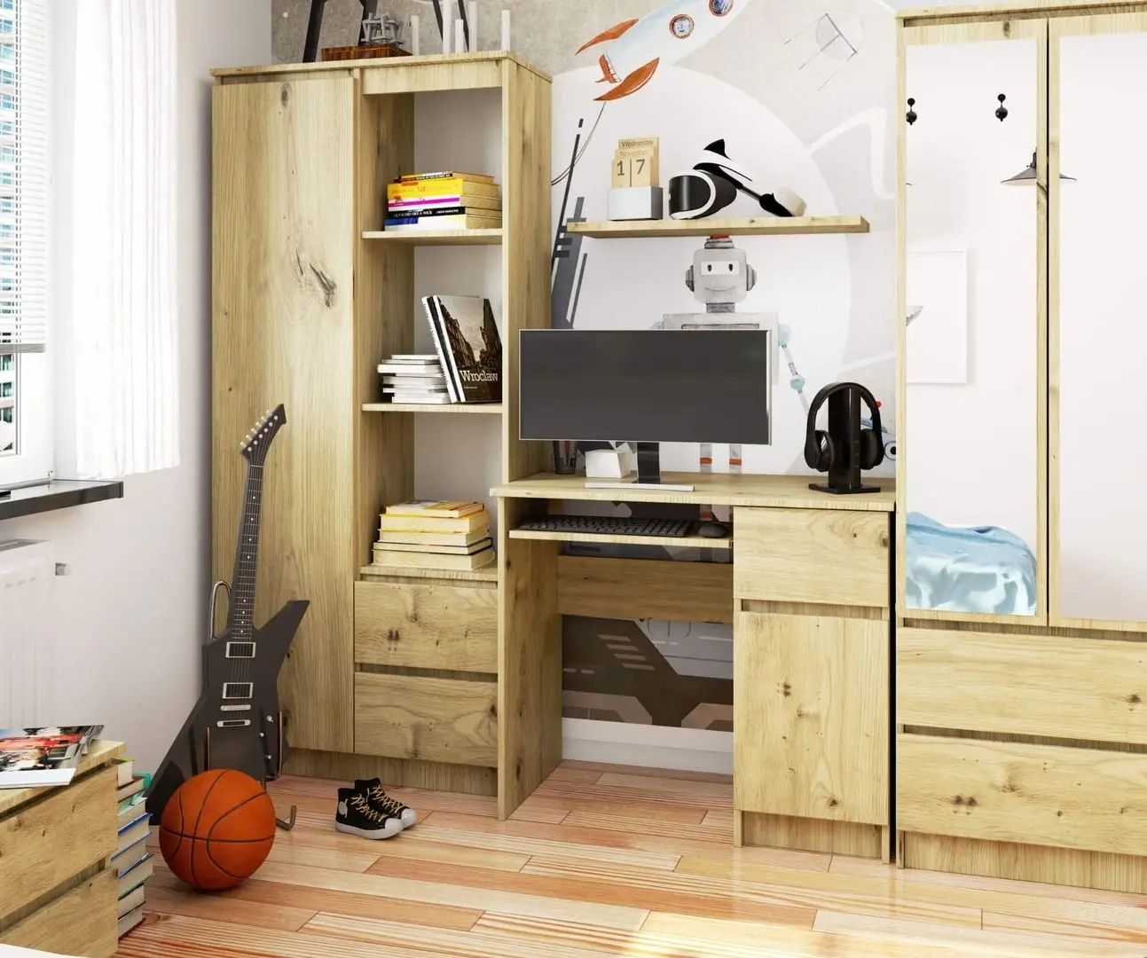 Masa de calculator Akord Piksel Right (Artisan Oak)