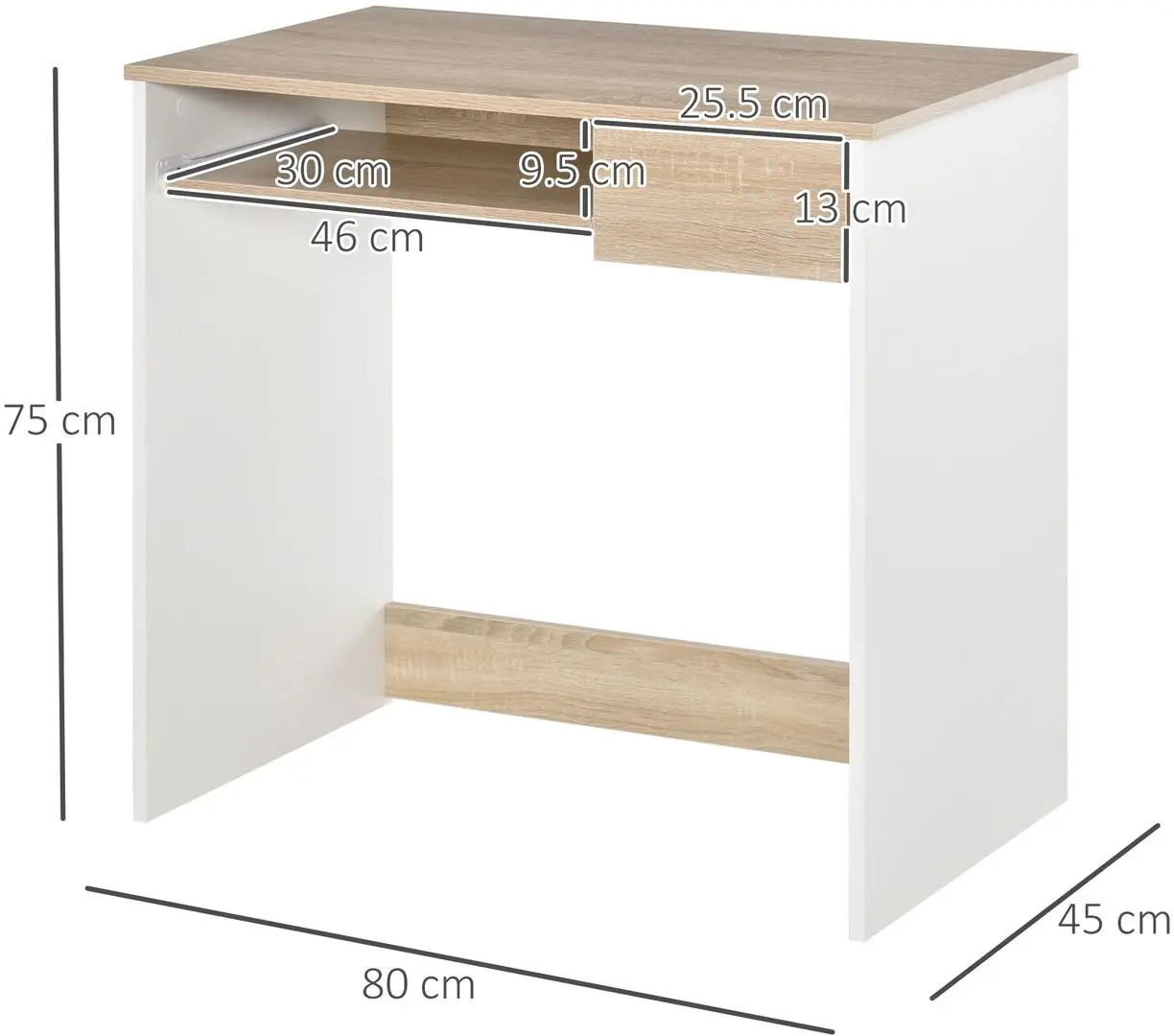 Masa de calculator Homcom 836-410AK 80x45x75 cm (White/Oak)