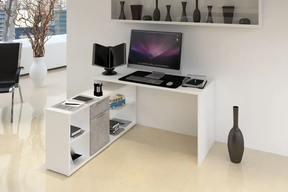 Masa de birou cu etajera Mobhaus Noe New (White/Concrete)