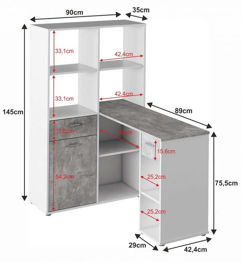 Стол письменный со стеллажом Tempo Kondela Mineson (White/Concrete)