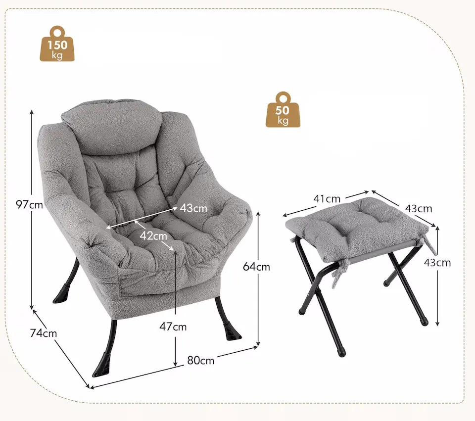 Fotoliu cu taburet Costway NP12026GR (Grey) - 3