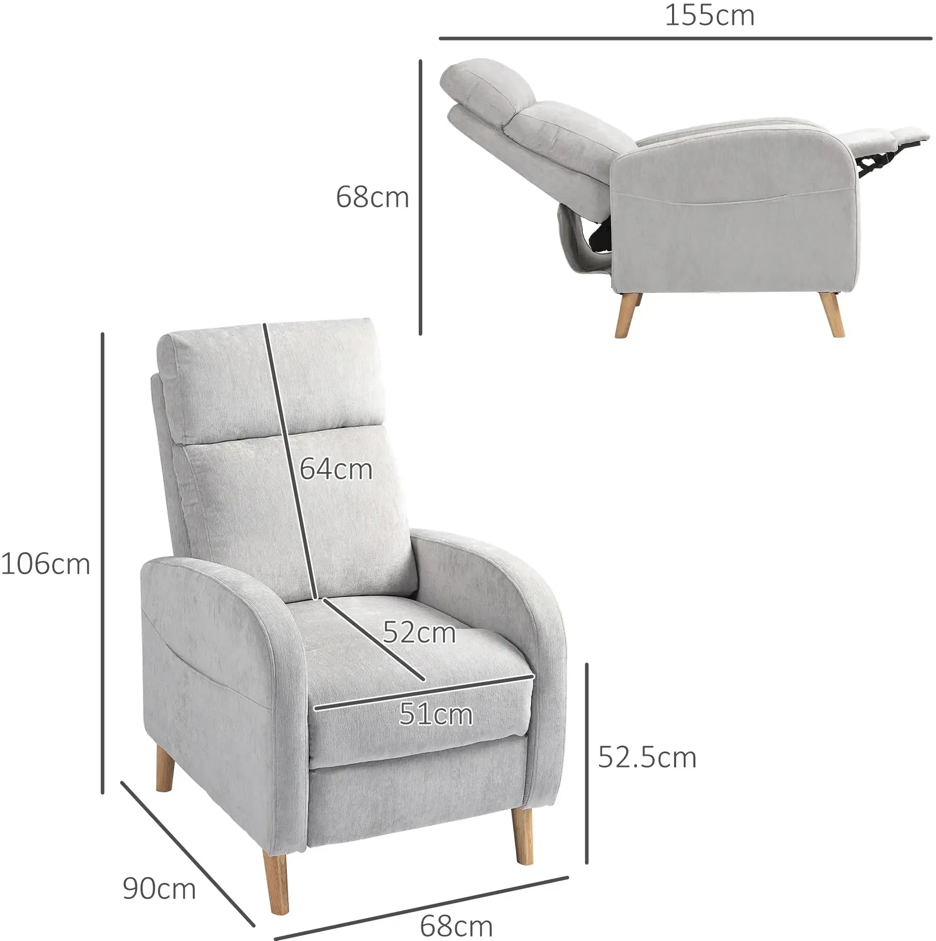 Fotoliu-recliner Homcom 83B-062V00LG (Light Grey/Natural Wood) - 7