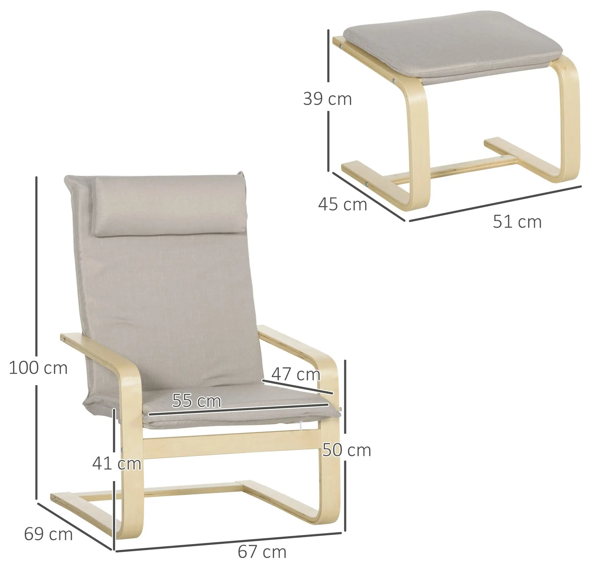 Fotoliu cu taburet Homcom 839-382 (Grey/Natural) - 4