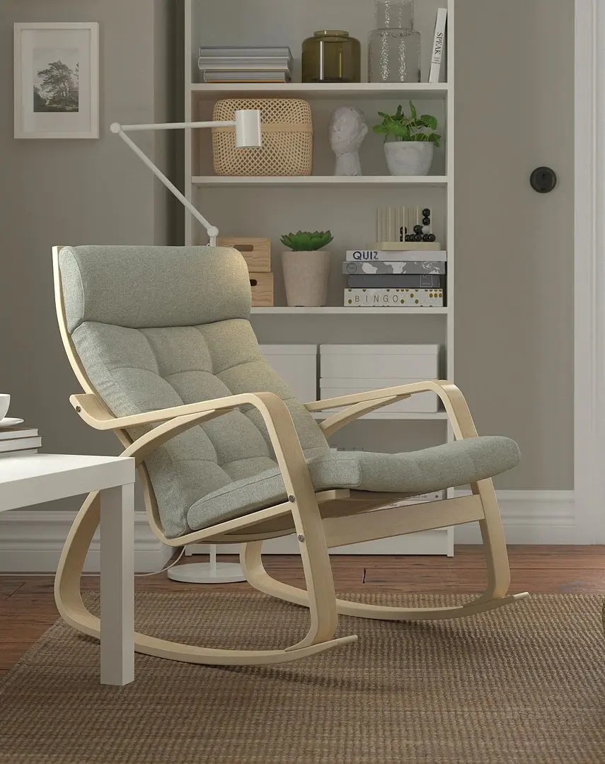 Fotoliu balansoar Ikea Poang/Gunnared (Furnir mesteacan/Verde deschis)