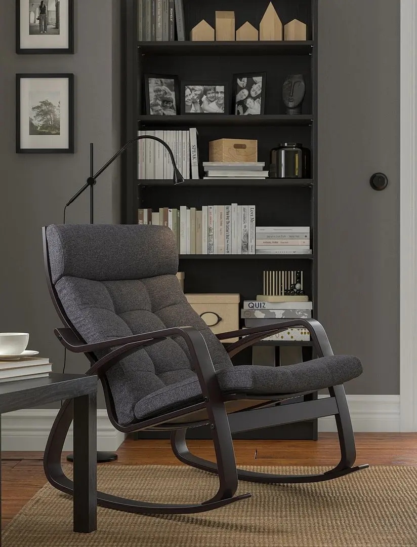 Fotoliu balansoar Ikea Poang (Negru-Maro/Gunnared Gri Inchis)