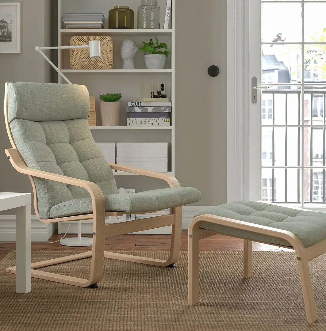Fotoliu cu taburet Ikea Poang (Furnir Stejar Alb/Gunnared Verde Deschis)