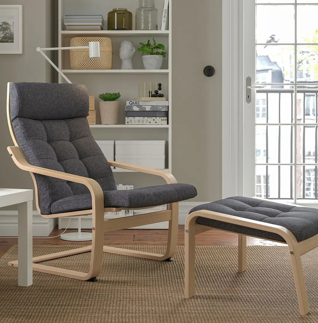 Fotoliu cu taburet Ikea Poang/Gunnared (Furnir stejar alb/Gri inchis)