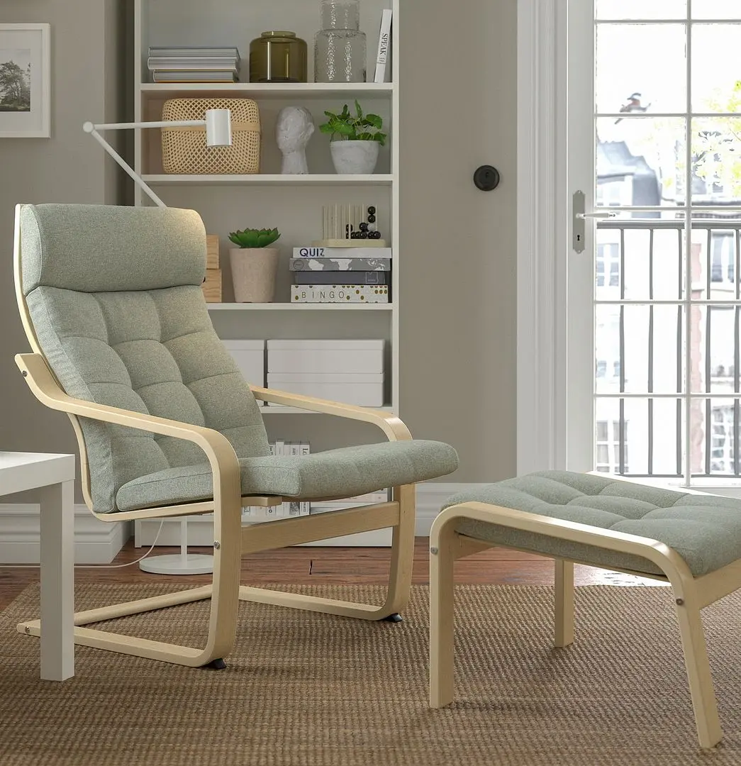 Fotoliu cu taburet Ikea Poang (Furnir Mesteacăn/Gunnared Verde Deschis)